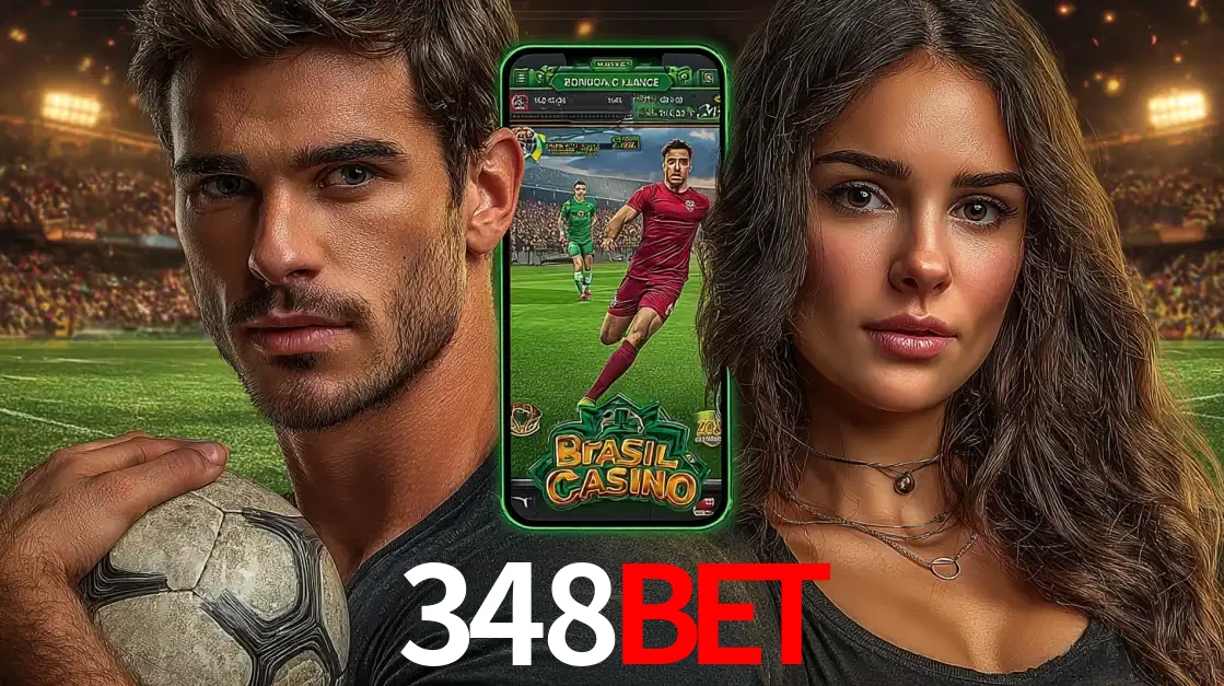 Homem segurando uma bola de futebol e uma mulher ao lado de um smartphone exibindo o jogo de apostas esportivas da 348bet. Faça seu palpite no cassino online.
